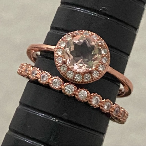 Morganite 925 Rose Gold Solitaire & Eternity Engagement Ring Set Size 7 3g - Picture 11 of 16